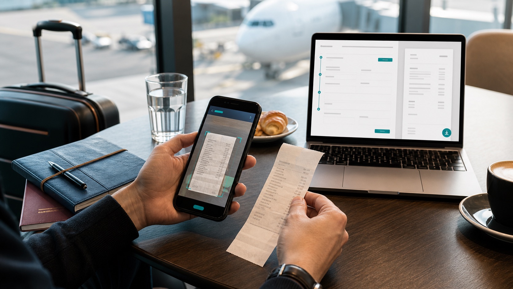 Ausländischer Restaurantbeleg mit Smartphone und Laptop auf einem Reise-Schreibtisch