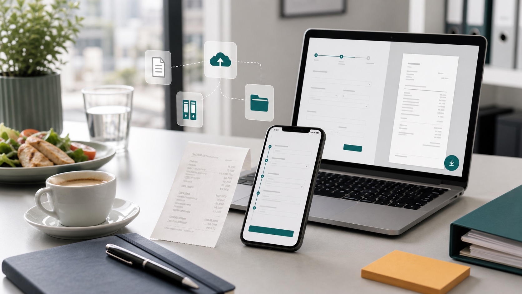 Restaurantbeleg, Smartphone und Laptop zeigen den digitalen Workflow für einen Bewirtungsbeleg