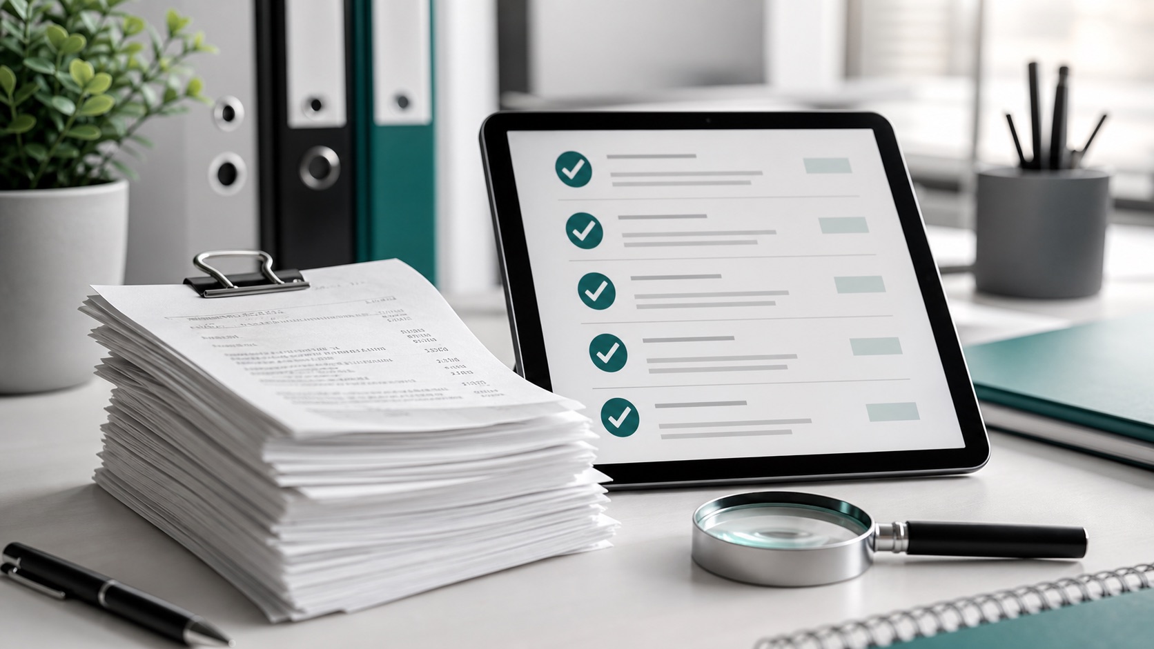 Tablet mit Checkliste und Restaurantbelegen für eine Bewirtungsbeleg Finanzamt Prüfung