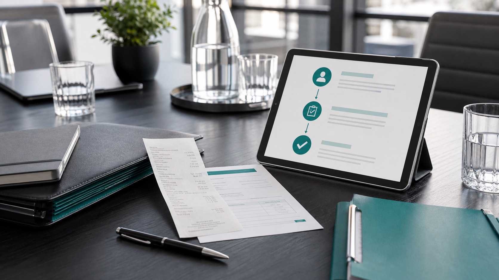 Konferenztisch mit GmbH-Unterlagen, Tablet und Restaurantbeleg für einen Bewirtungsbeleg