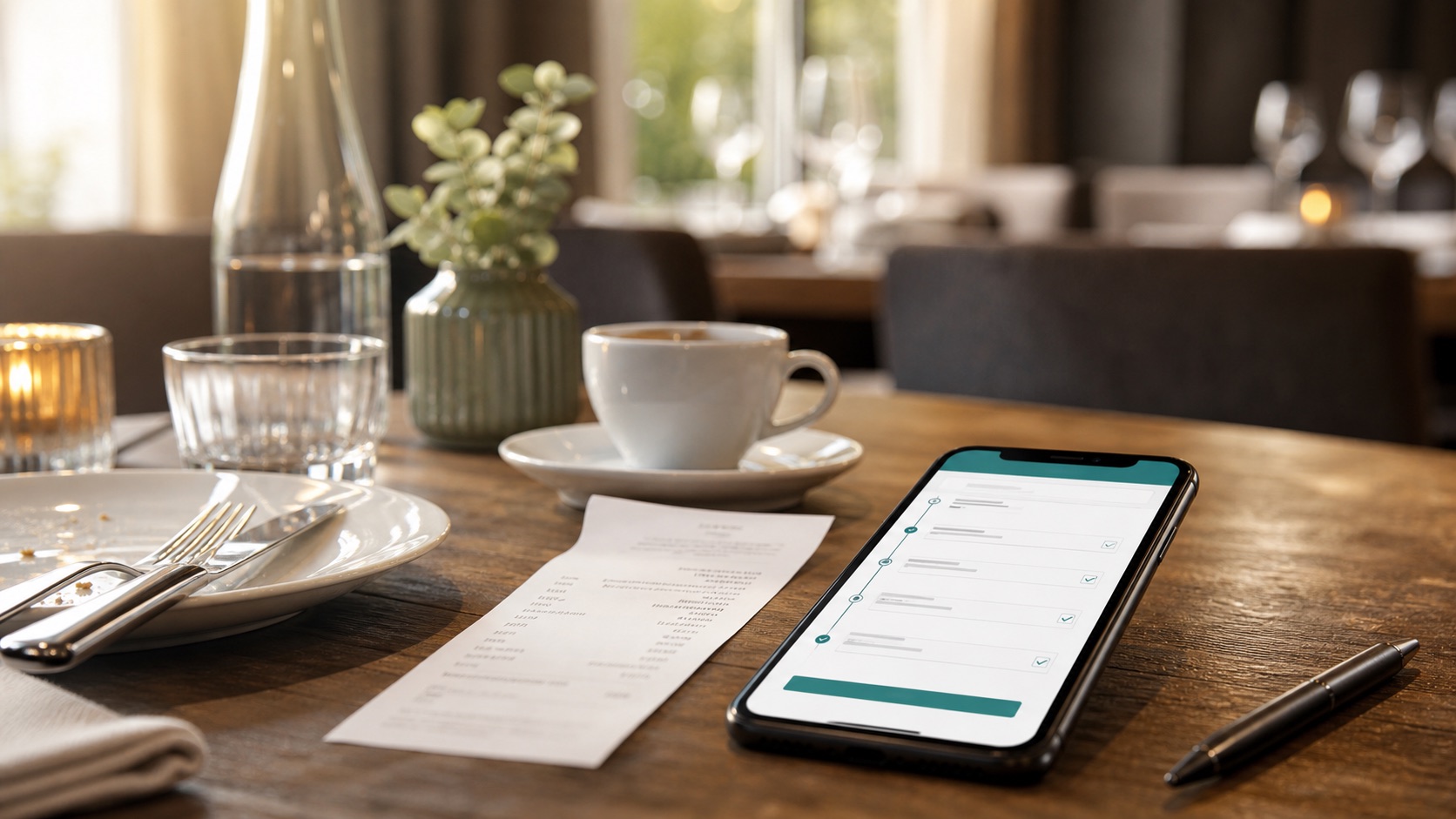 Restauranttisch mit Smartphone, Stift und Restaurantbeleg zum nachträglichen Ausfüllen eines Bewirtungsbelegs