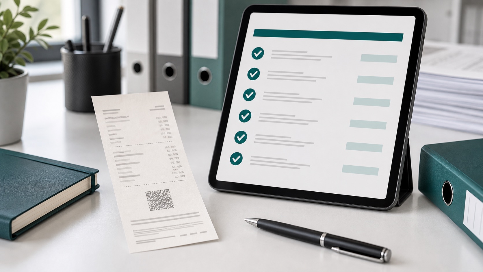 Tablet mit Checkliste und Restaurantbeleg für Bewirtungsbeleg Pflichtangaben