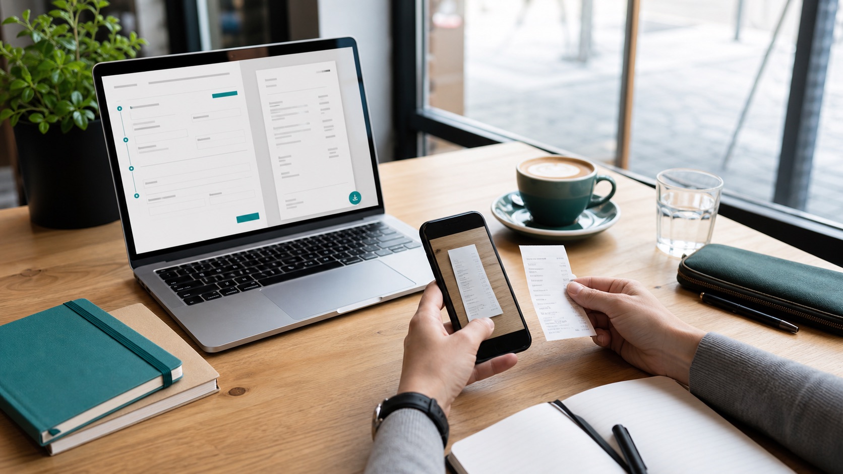 Freelancer Arbeitsplatz mit Laptop, Smartphone und Restaurantbeleg für einen Bewirtungsbeleg