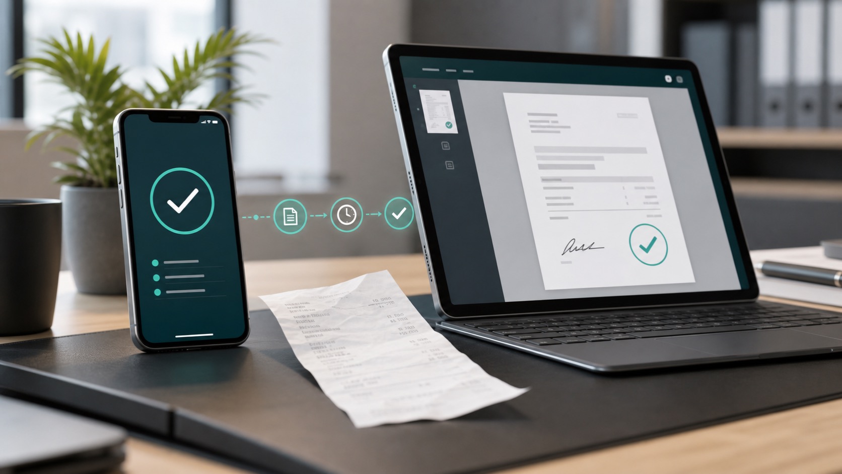 Smartphone mit Freigabe-Haken, Restaurantbeleg und digital signierter PDF-Vorschau auf einem Schreibtisch