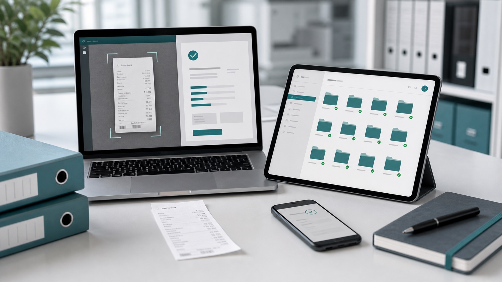 Digitales Archiv mit gescanntem Restaurantbeleg und PDF für geordnete Bewirtungsbelege