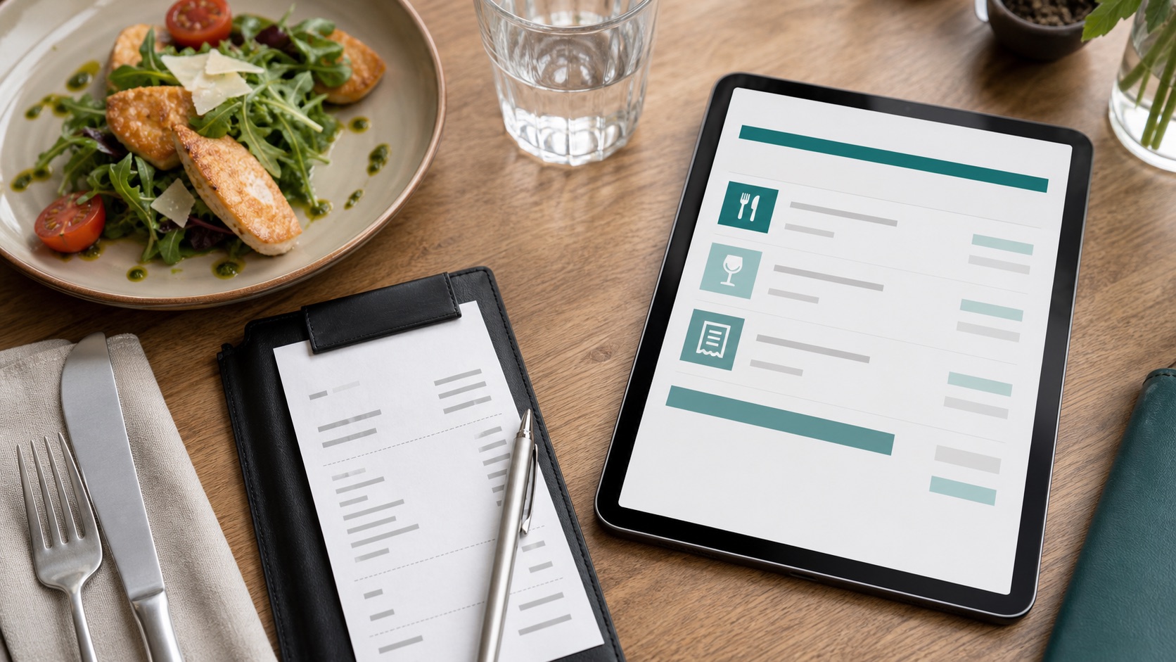 Restaurantrechnung mit Tablet zur Umsatzsteuer-Aufschlüsselung für einen Bewirtungsbeleg