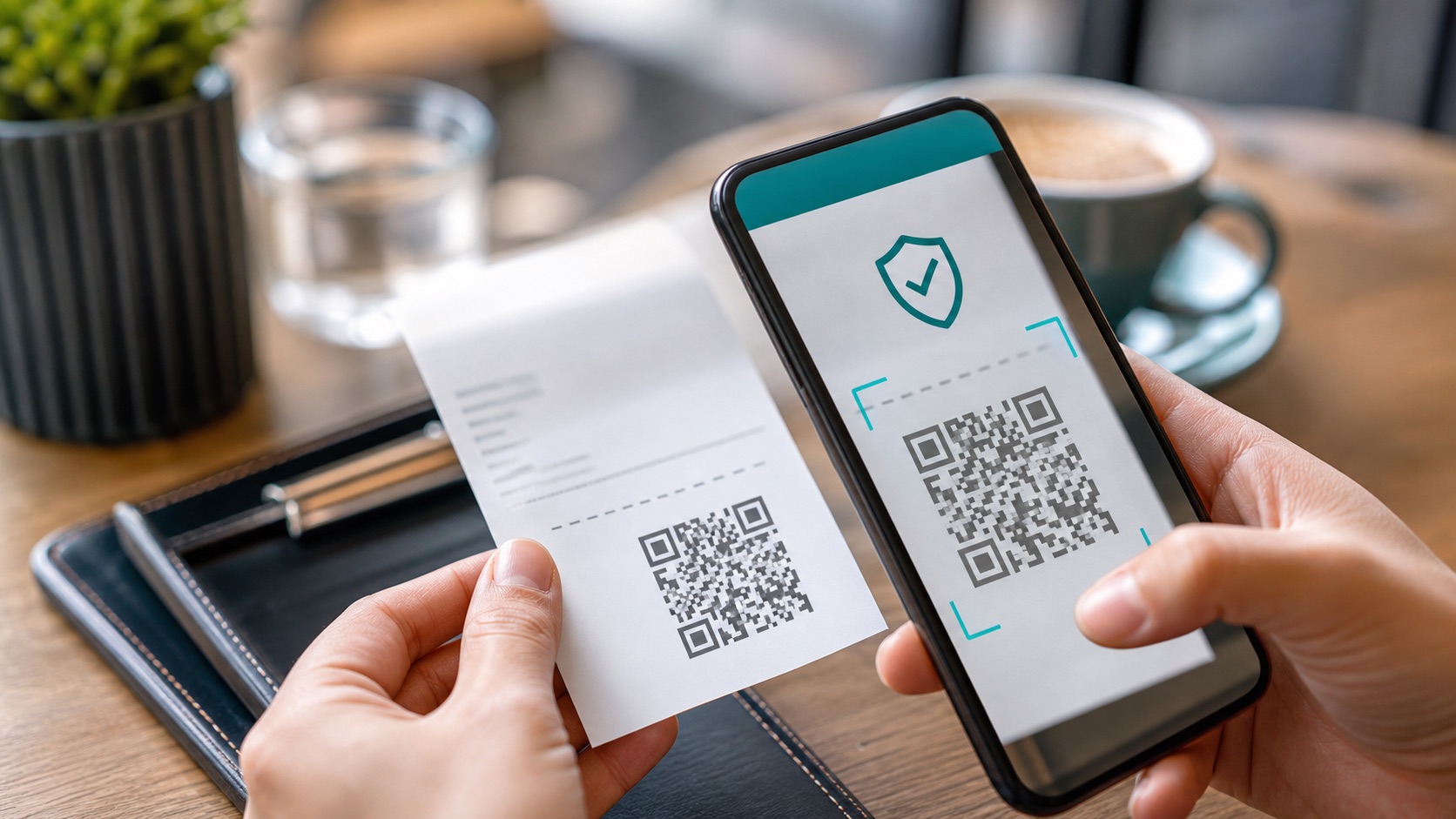 Smartphone scannt eine Restaurantrechnung mit QR-Code als TSE-Signatur